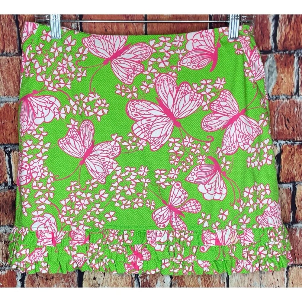 Lilly Pulitzer Ruffle Mini Skirt Lined Pink Green Butterflies Print Women's Sz 4